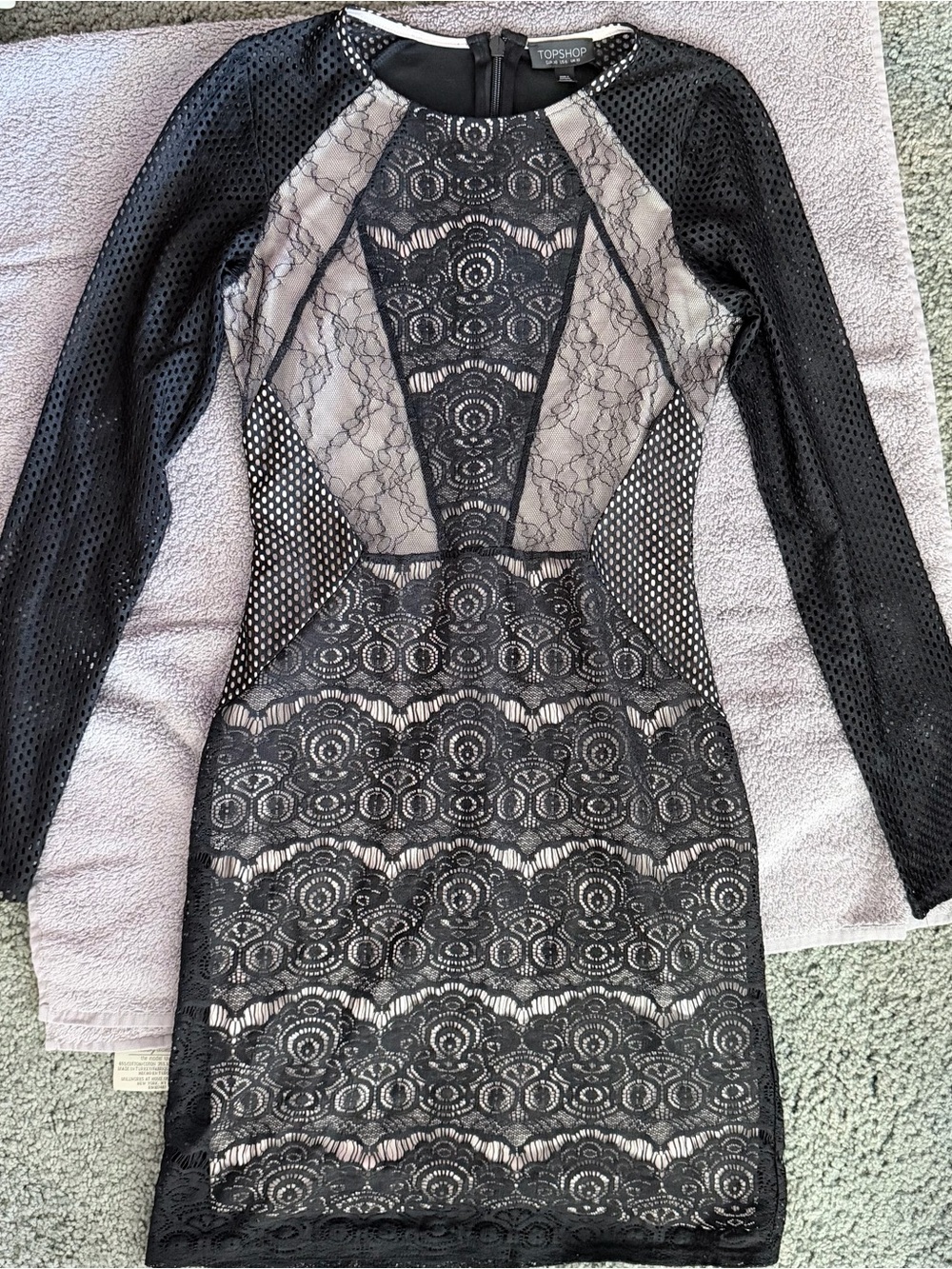 Topshop Black Lace & Nude-Contrast Long Sleeve Sheath Dress